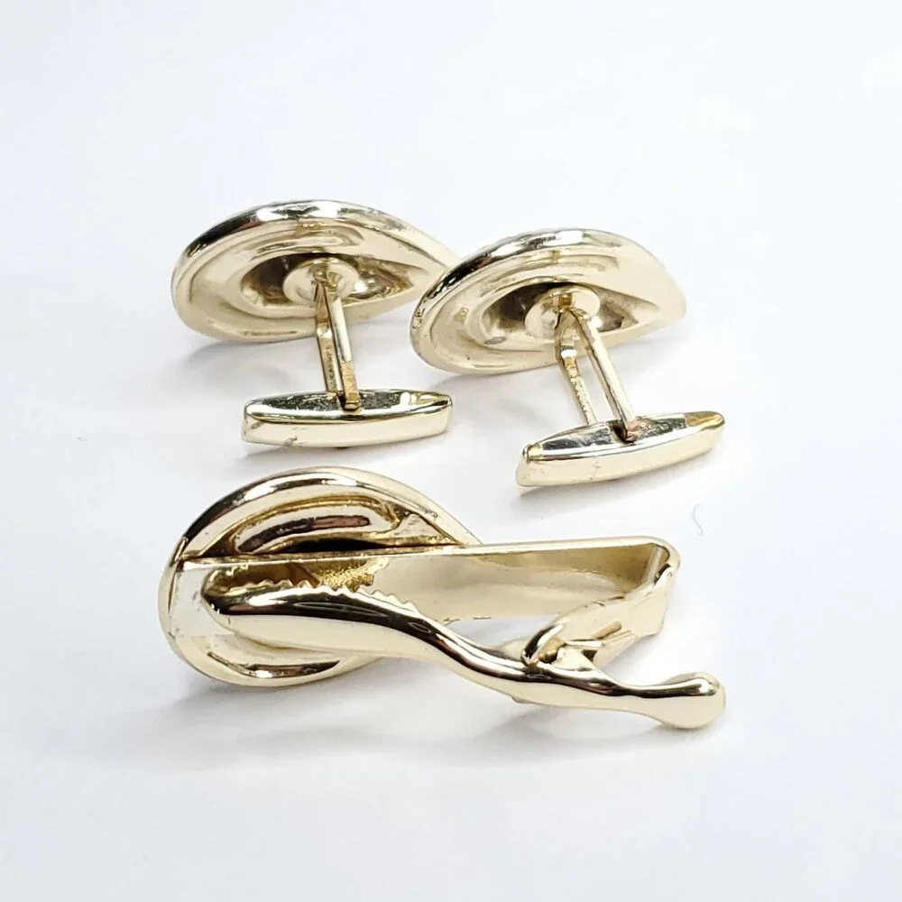 Vintage Cufflinks Tie Clip Set Gold Tone Black Art Deco Tear Drop Heavy